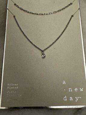 a new day Silver-Plated Layered Necklace with Clear Crystal Charm‎